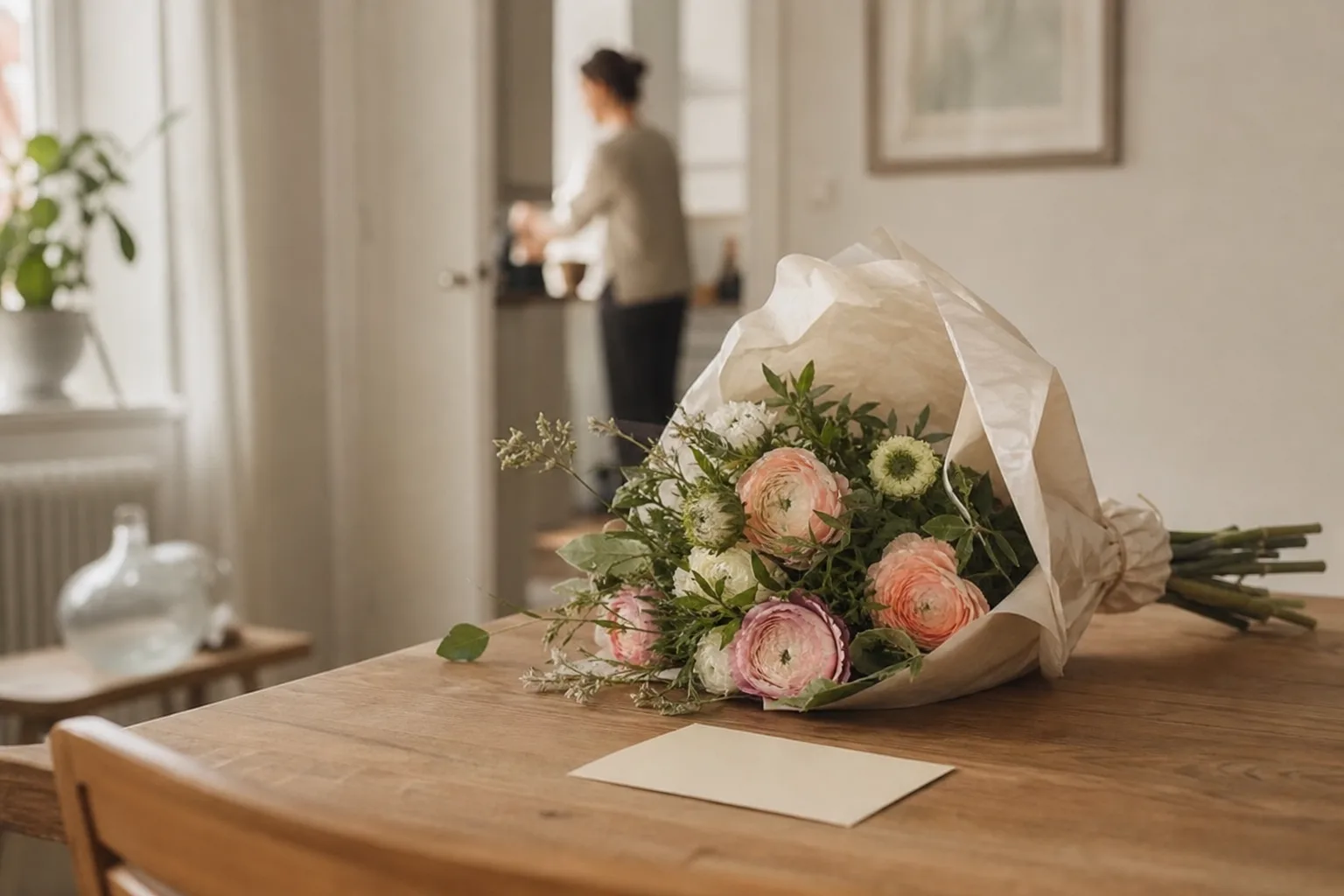 Bukett med säsongens snittblommor, nybunden och redo att skickas vidare.