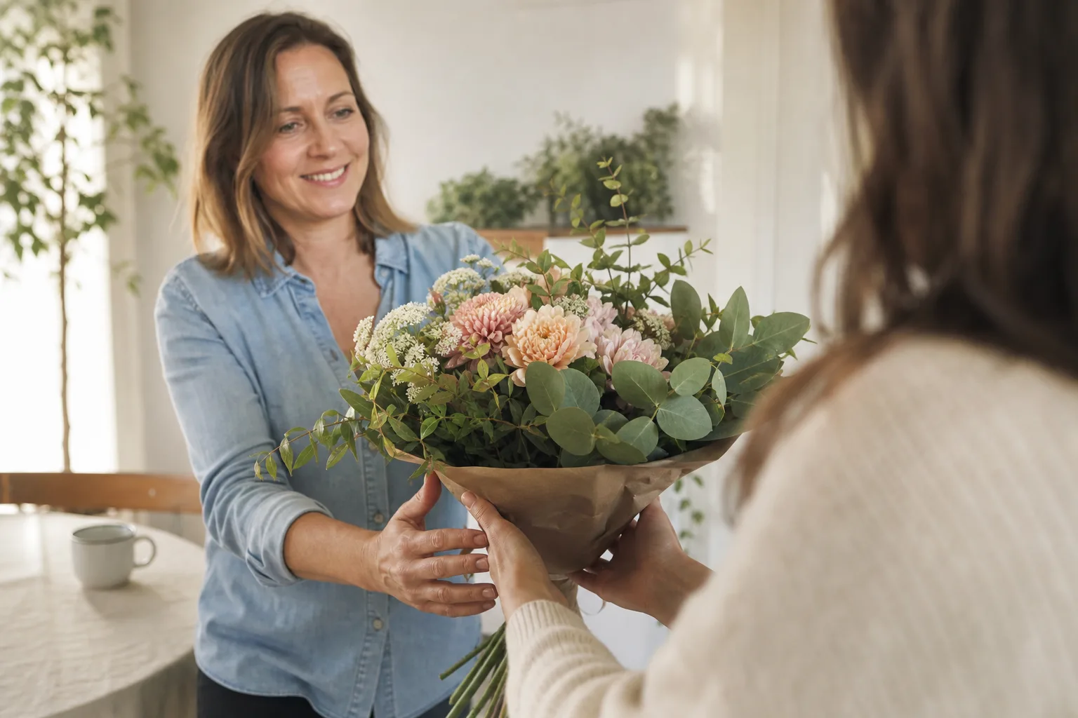 Bukett med blandade snittblommor mot ljus bakgrund.