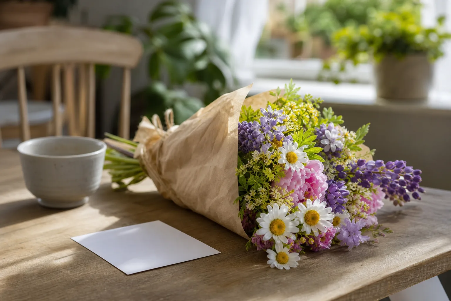 Bukett med säsongsblommor uppställd inför avhämtning eller bud.