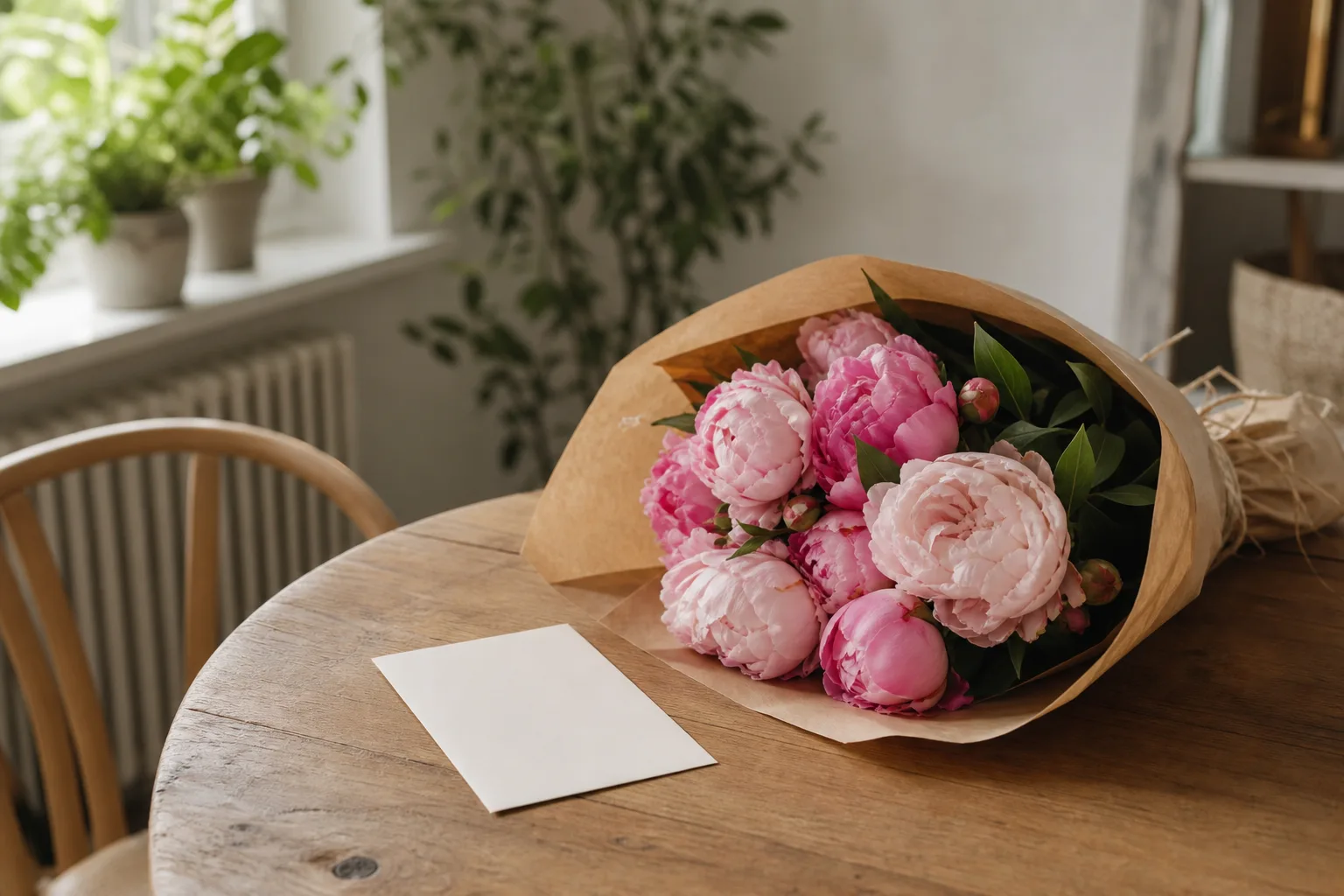Bukett med rosa och vita snittblommor, uppbunden med rafflat papper