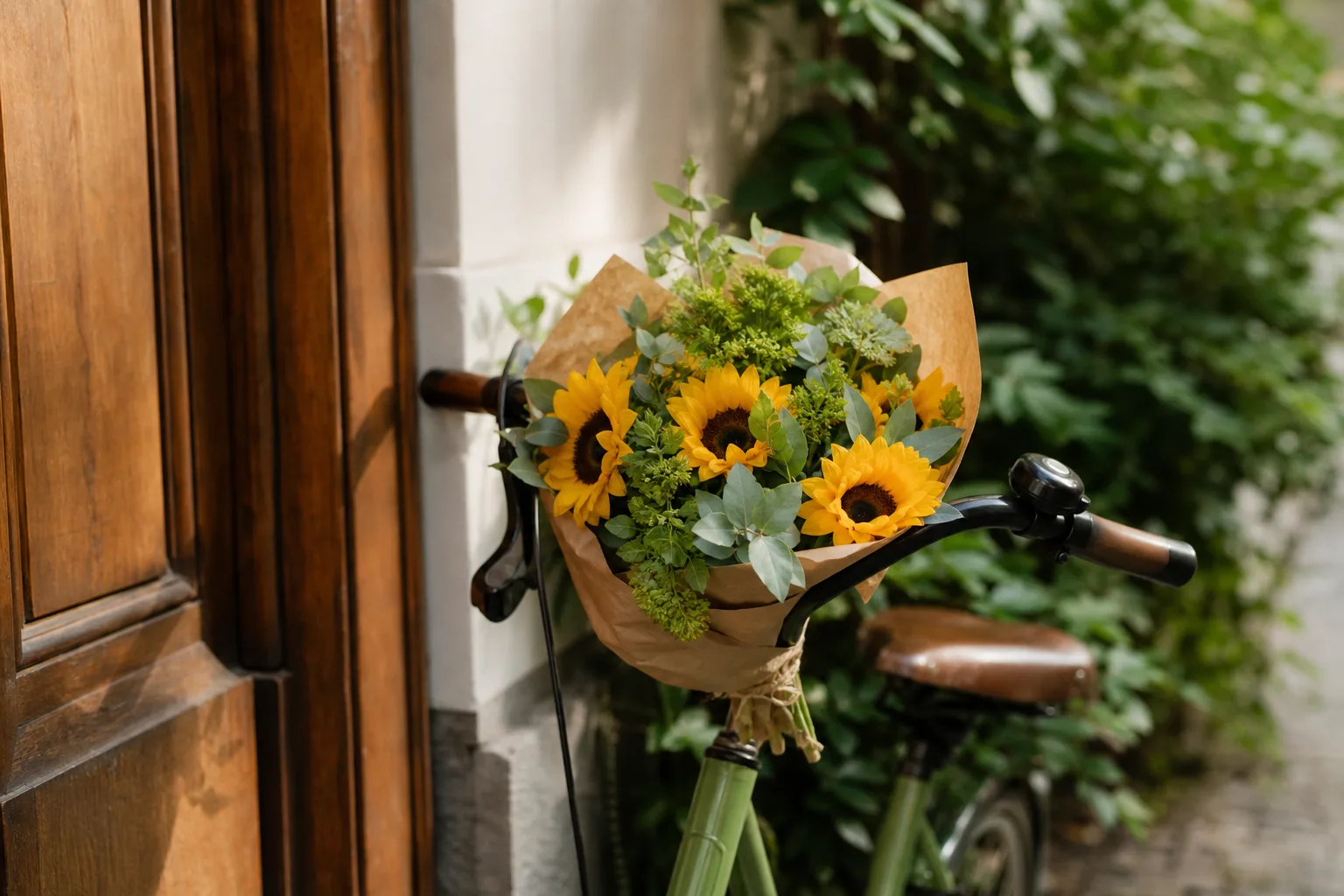 Bukett med säsongens snittblommor inslagen i papper, fotograferad mot ljus bakgrund