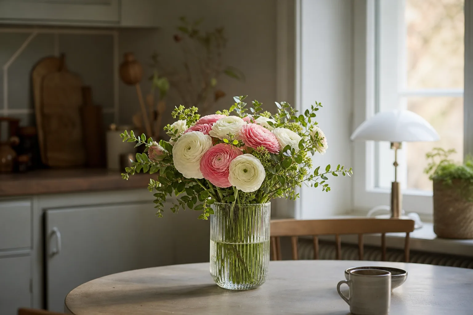 Bukett med blandade snittblommor i säsong