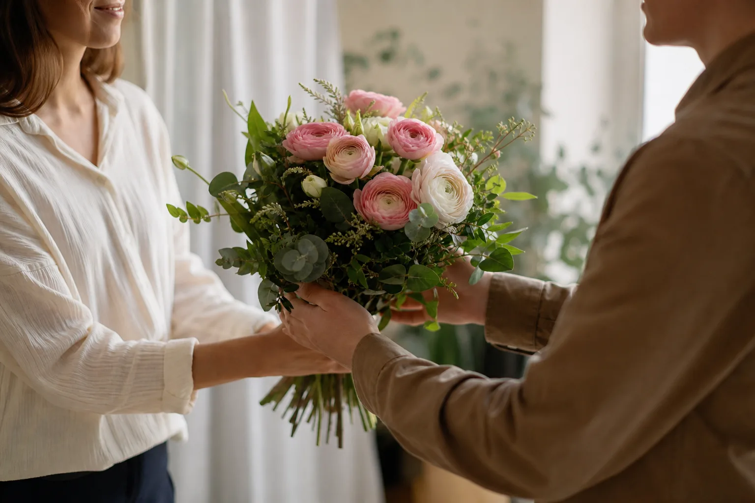 Bukett med blandade snittblommor, nyinslagen i papper