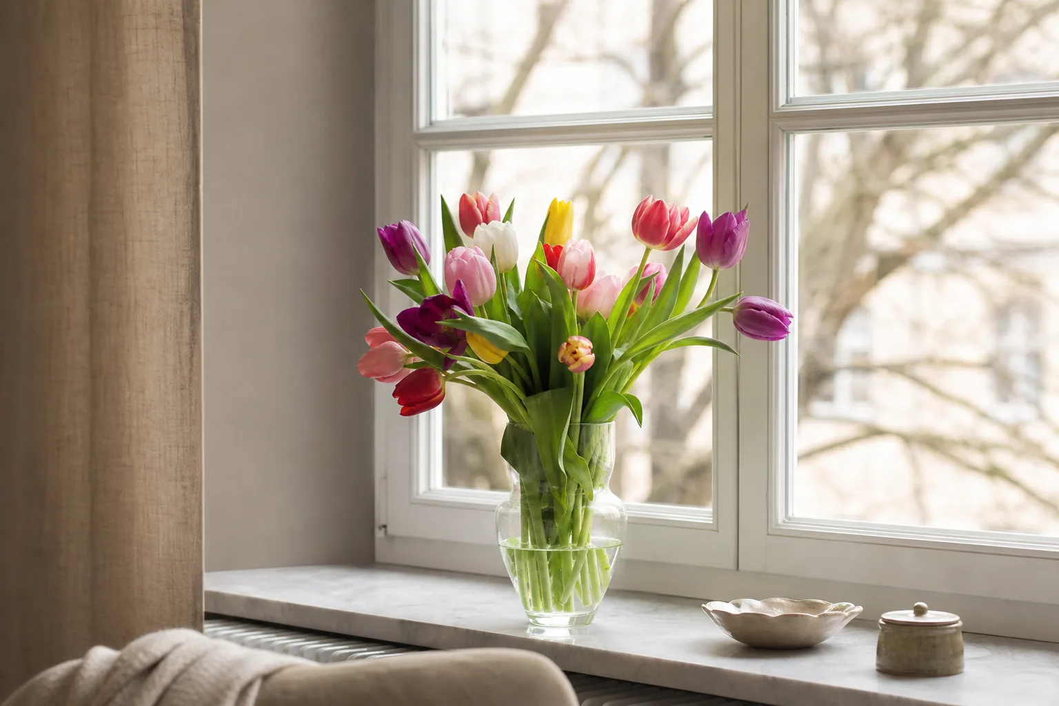 Bukett med snittblommor, uppradad inför utkörning