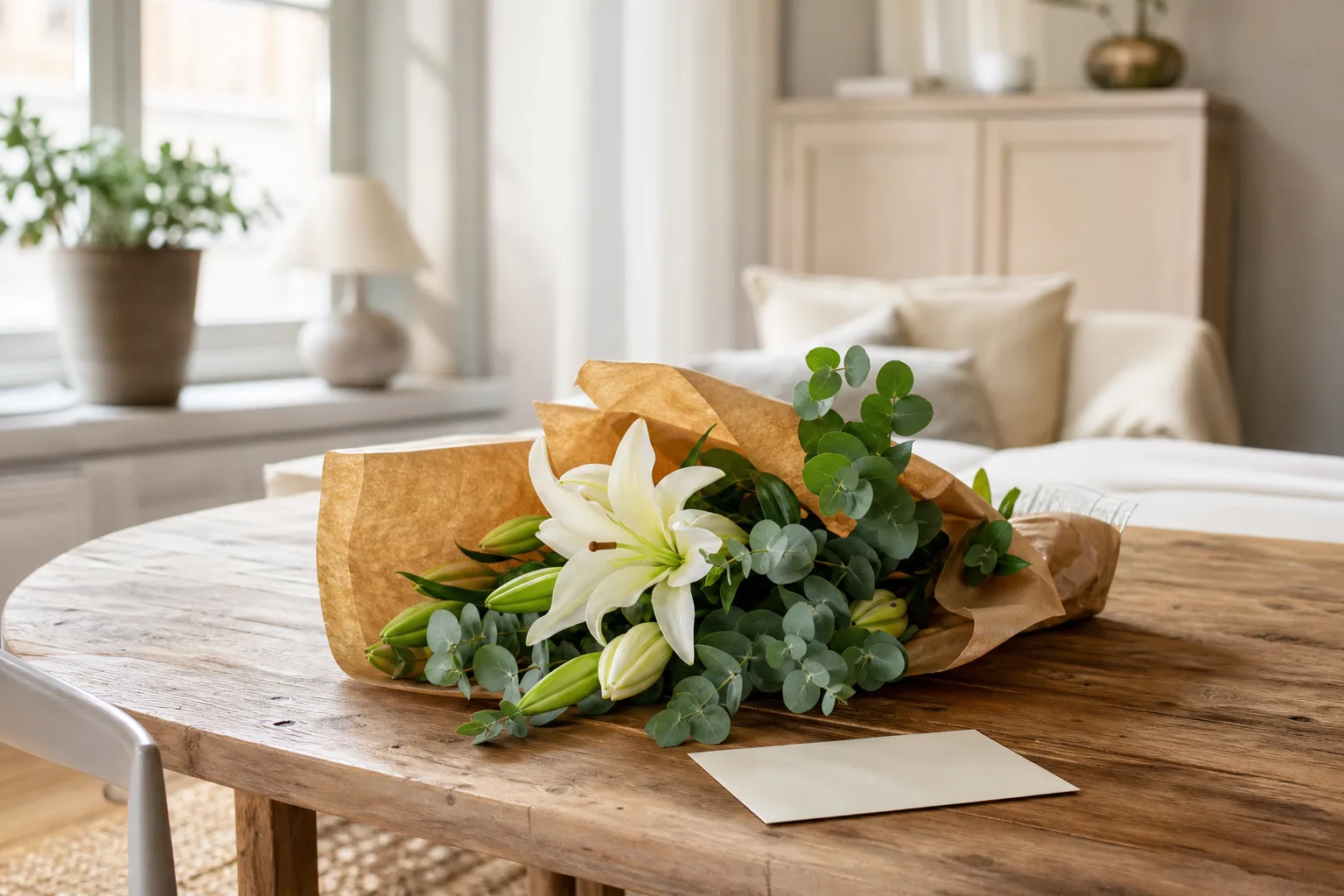 Bukett med snittblommor uppställd mot ljus bakgrund