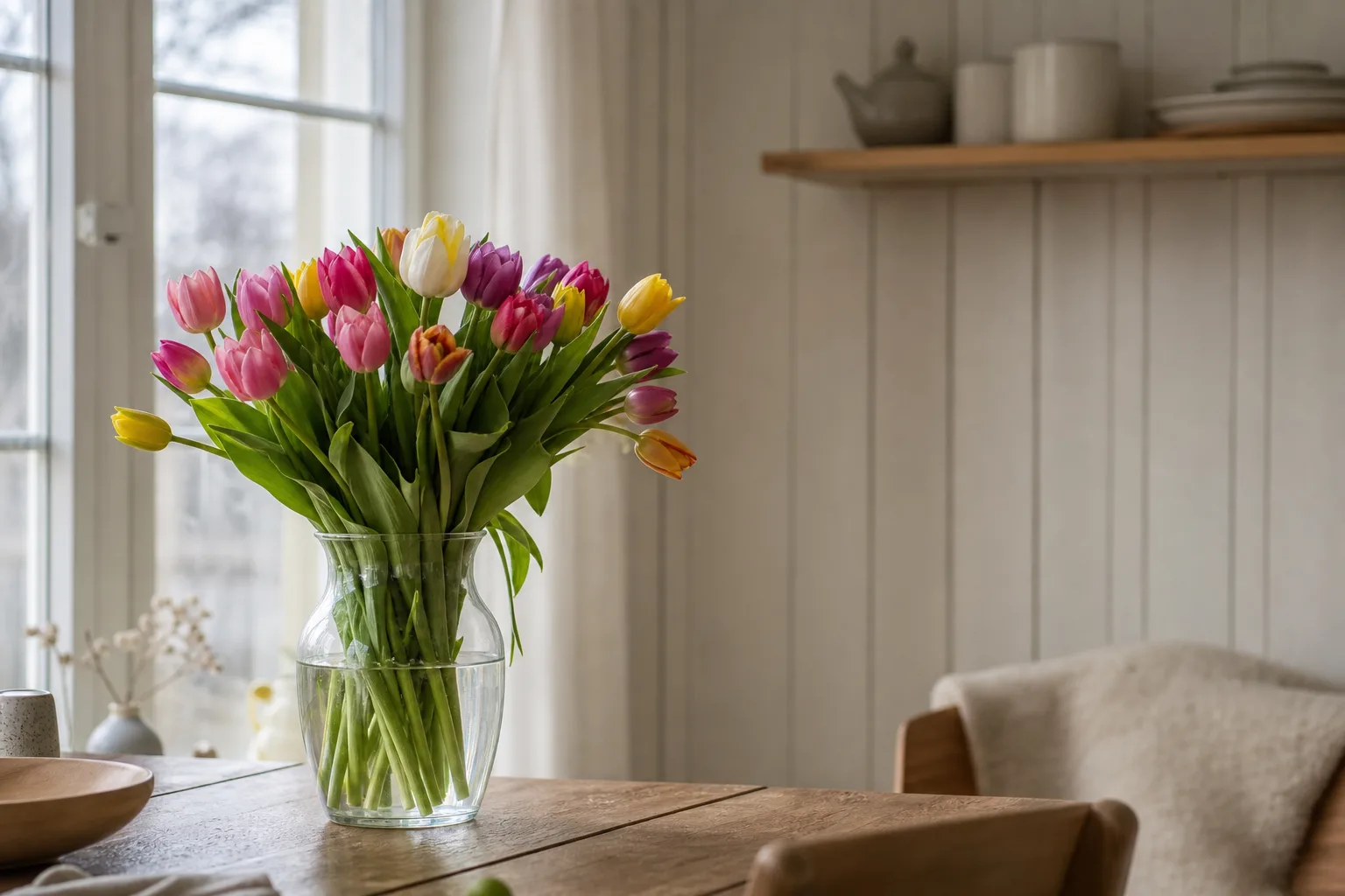Bukett med blandade snittblommor inslagen i papper, fotograferad på ett bord