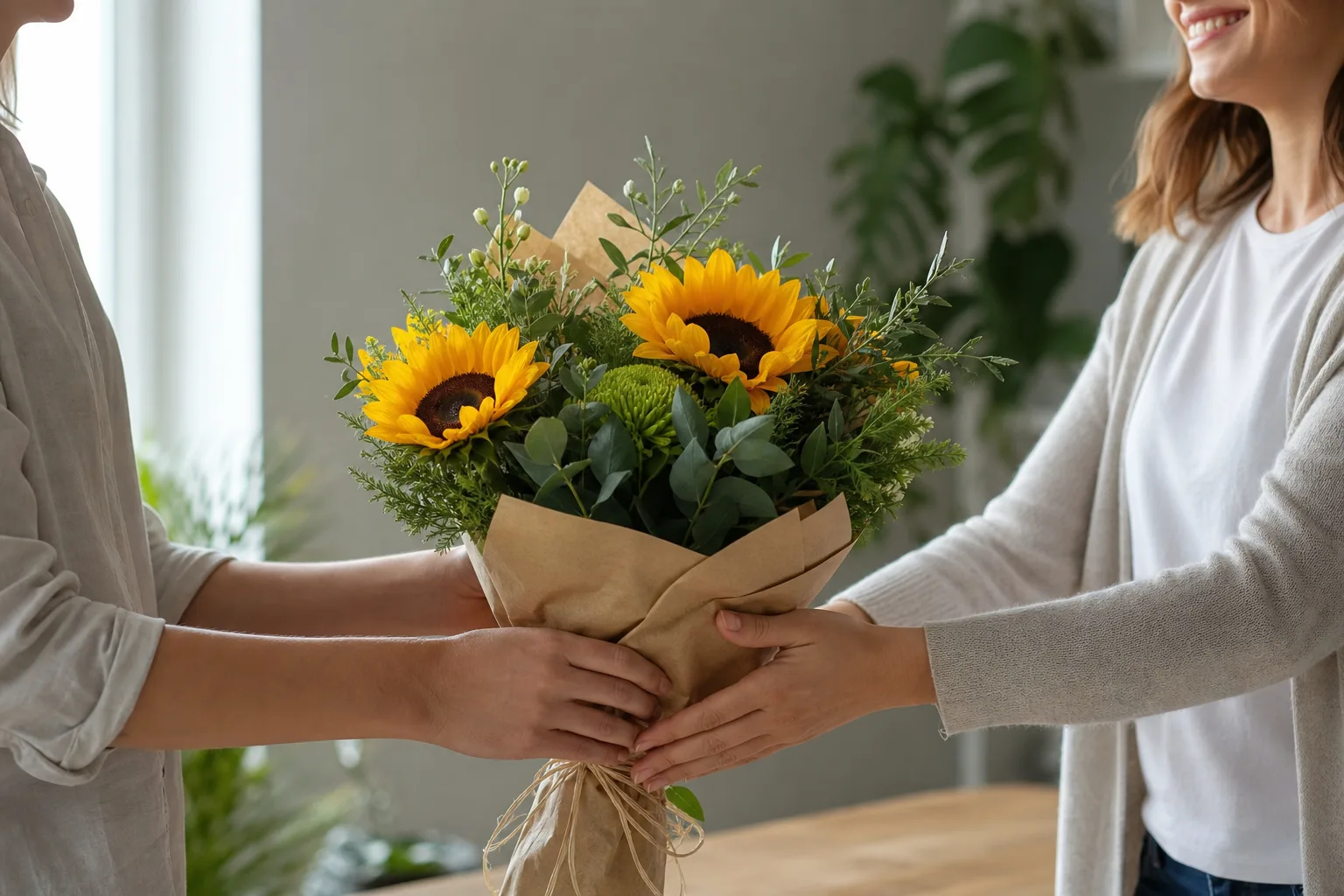 Bukett med blandade snittblommor inslagen i papper, färdig att skickas som blombud