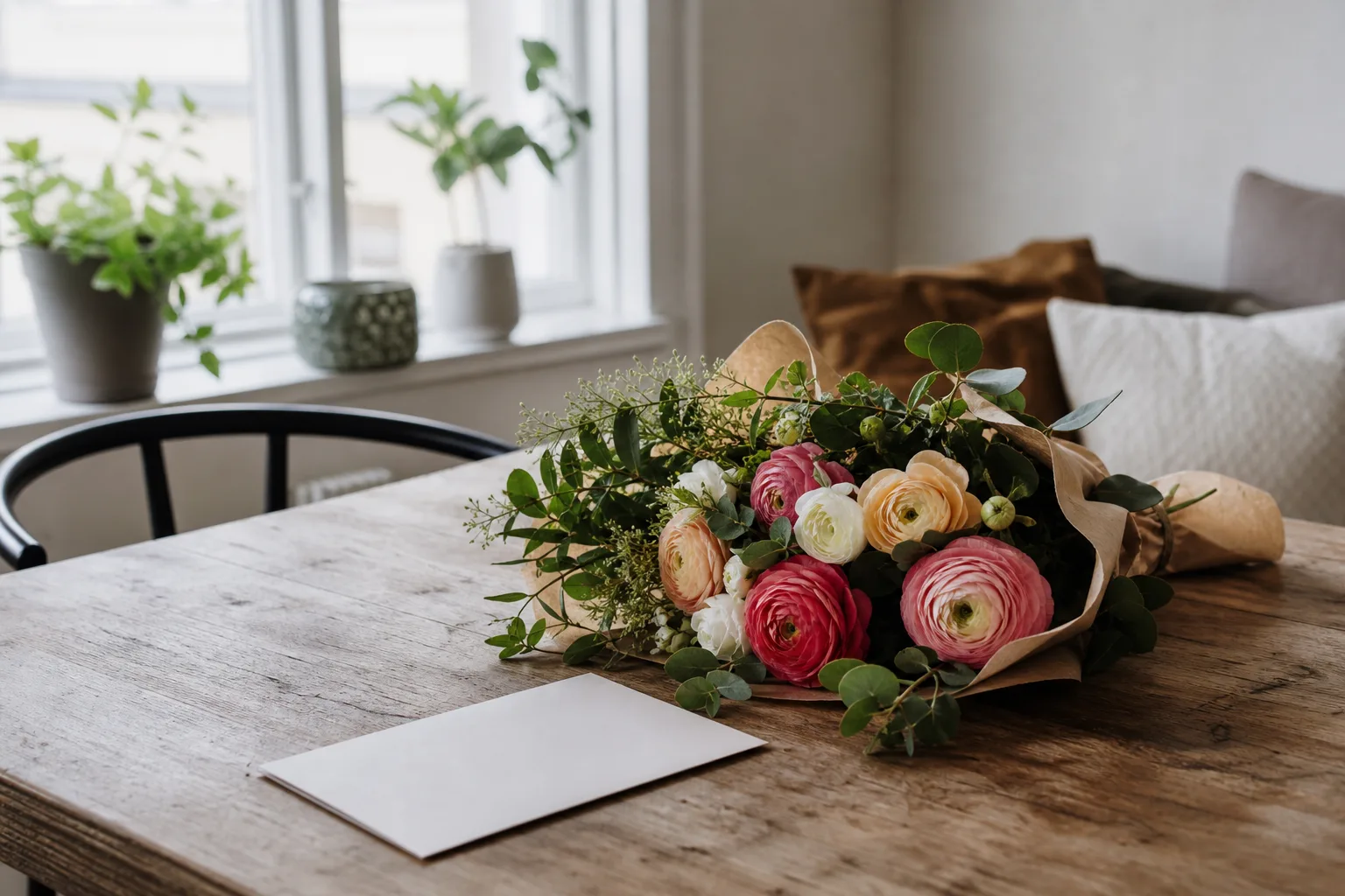 Bukett med rosa och vita snittblommor uppställd inomhus, klar att skickas vidare.