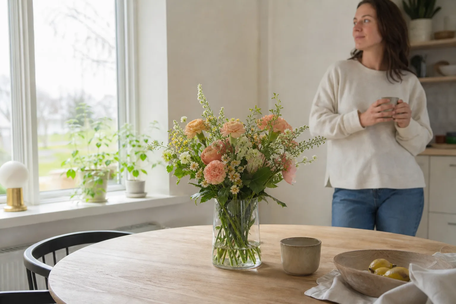 Närbild på en bukett med snittblommor inslagen i papper