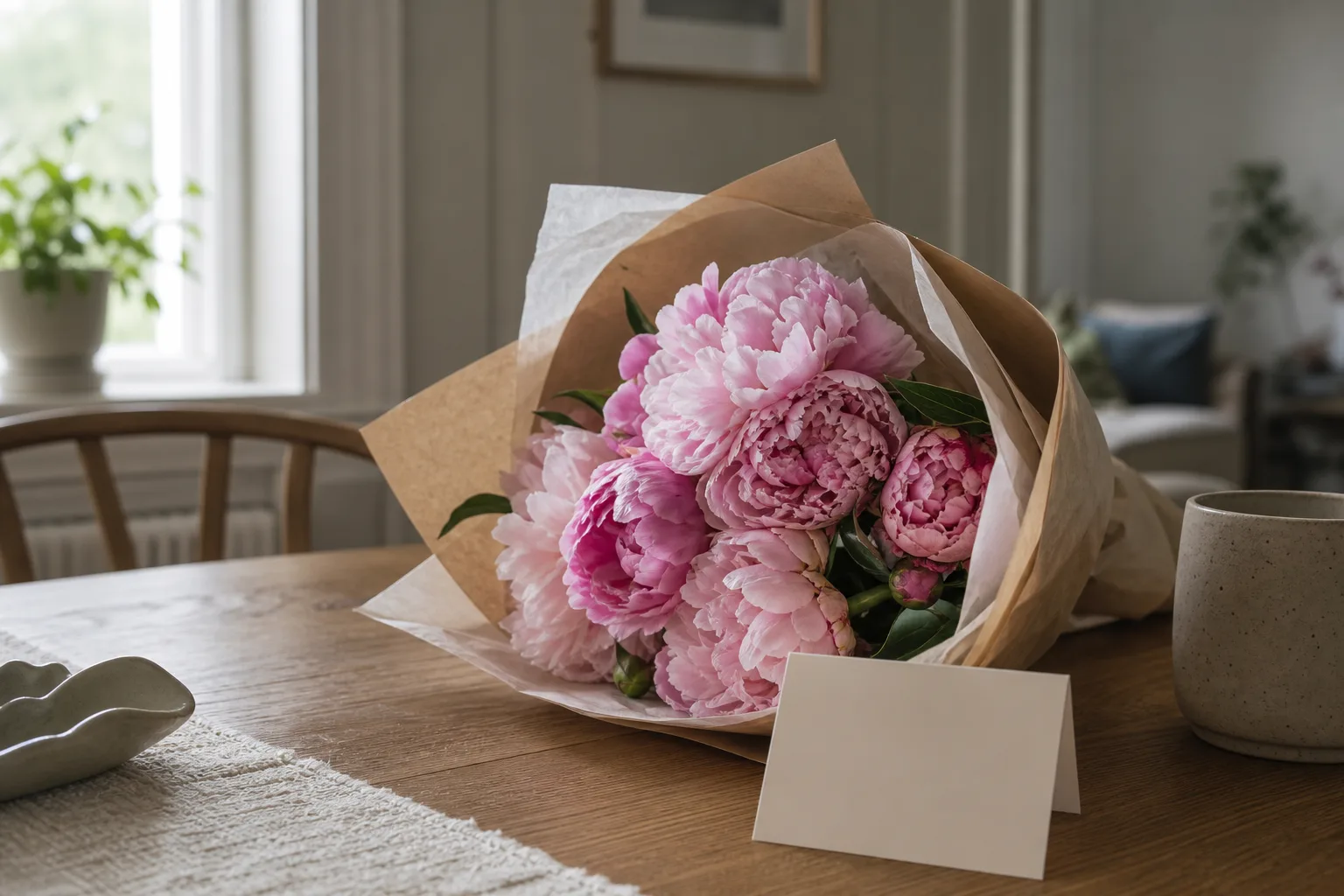 Bukett med säsongens snittblommor, uppradad inför leverans