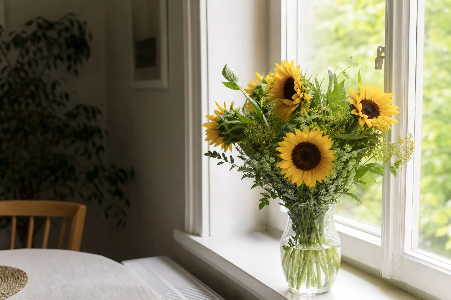 Blandad bukett med säsongsblommor i pappersinslagning, redo att lämnas till ett bud.