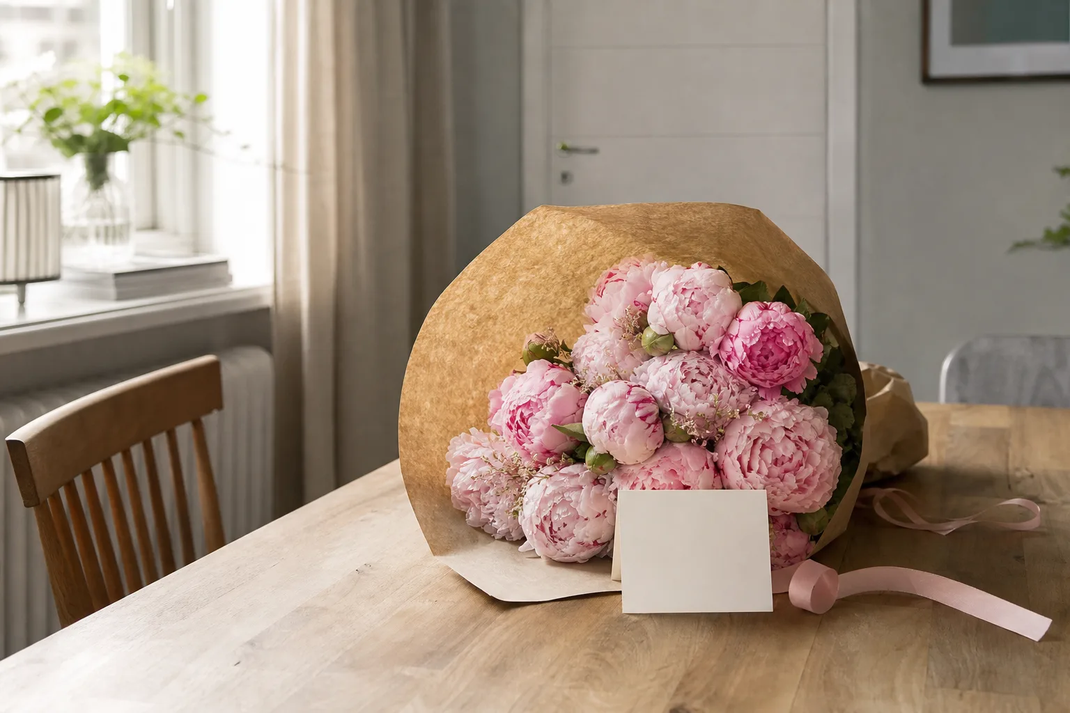 Bukett med säsongsblommor i papper, redo att lämnas över som blombud