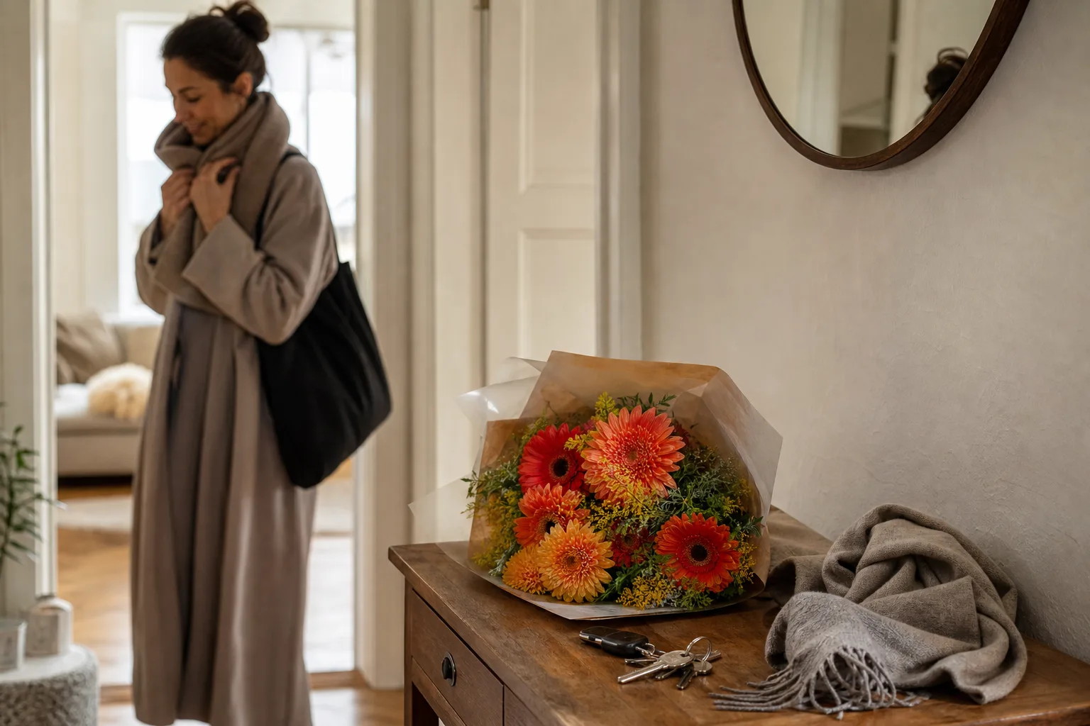 Färgstark bukett med blandade snittblommor, nybunden inför leverans.