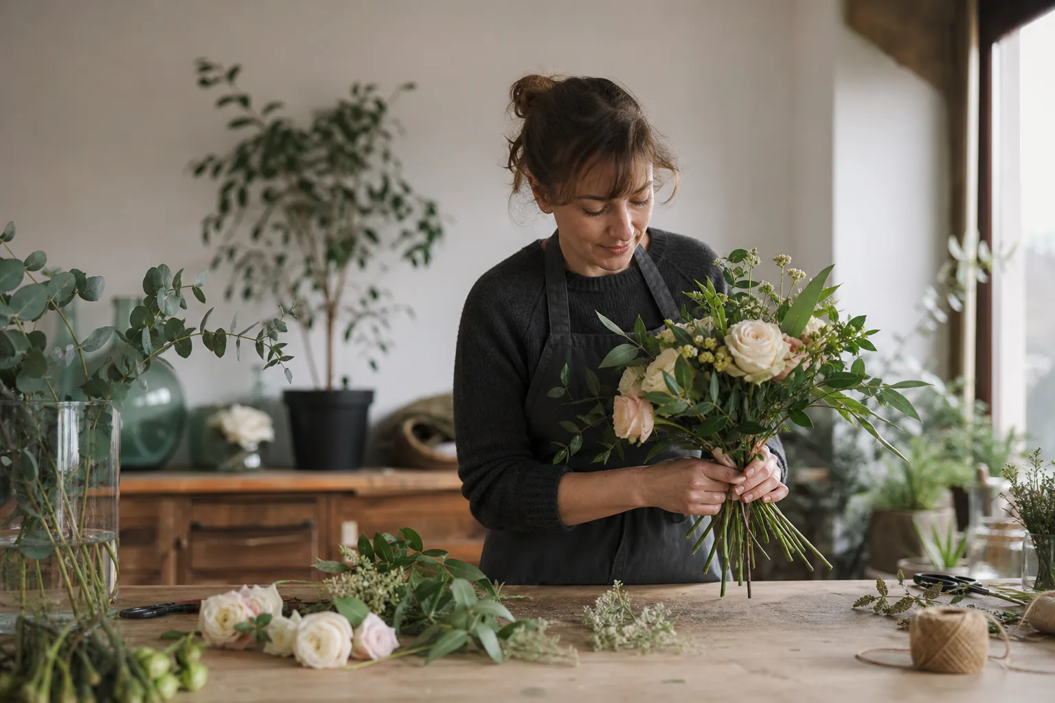 Bukett med blandade snittblommor inför ett blombud