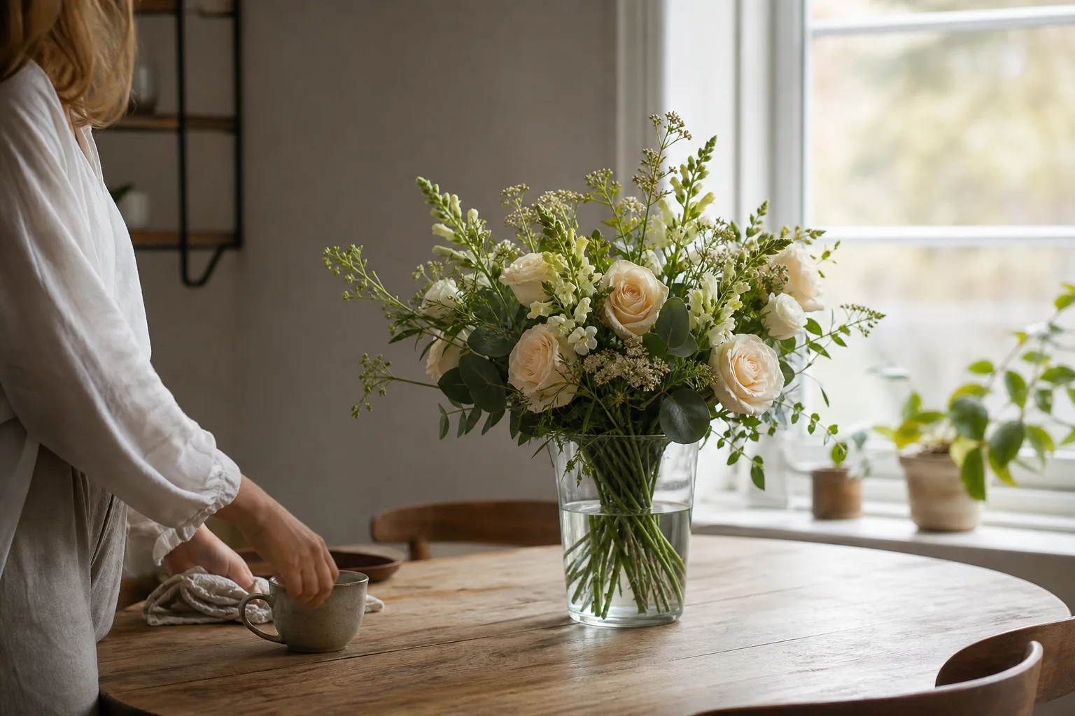 Bukett med säsongsblommor bunden i papper, placerad på ett bord inomhus.
