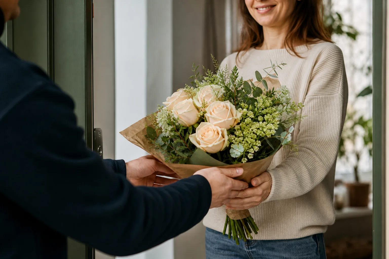 Bukett med blandade snittblommor uppställd i en blomsterbutik