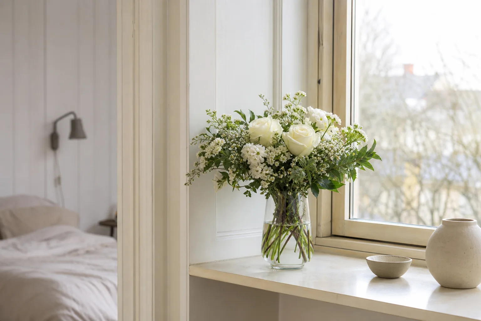 Färgstark bukett med säsongsblommor inslagen i papper