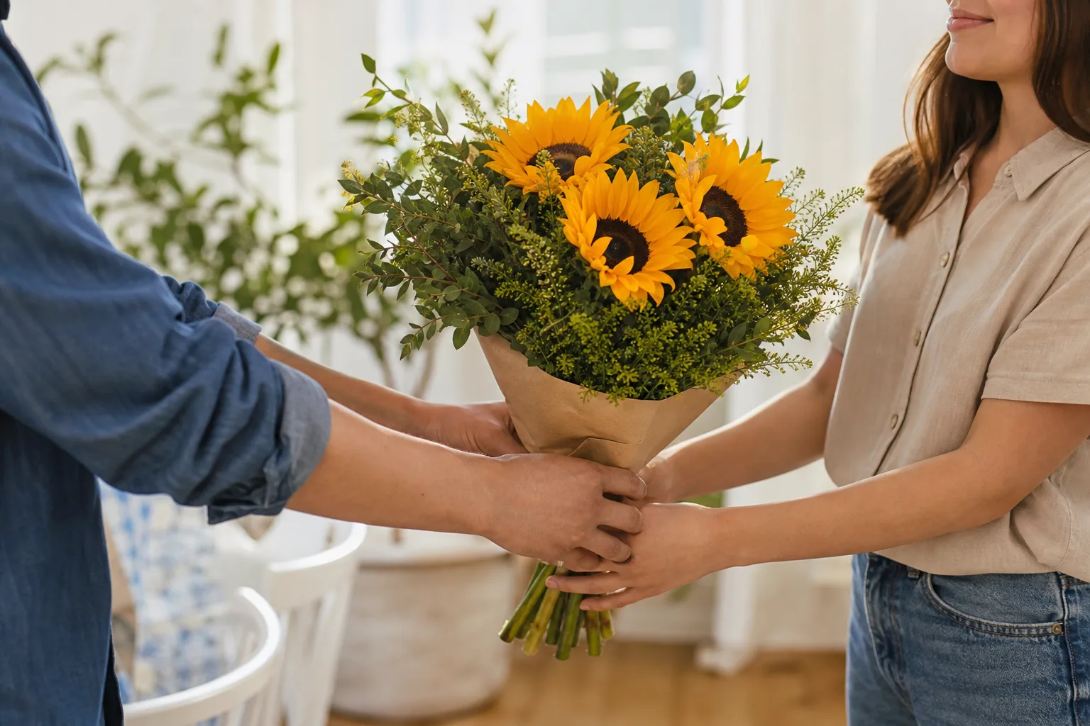 Bukett med snittblommor i ljusa toner mot en neutral bakgrund