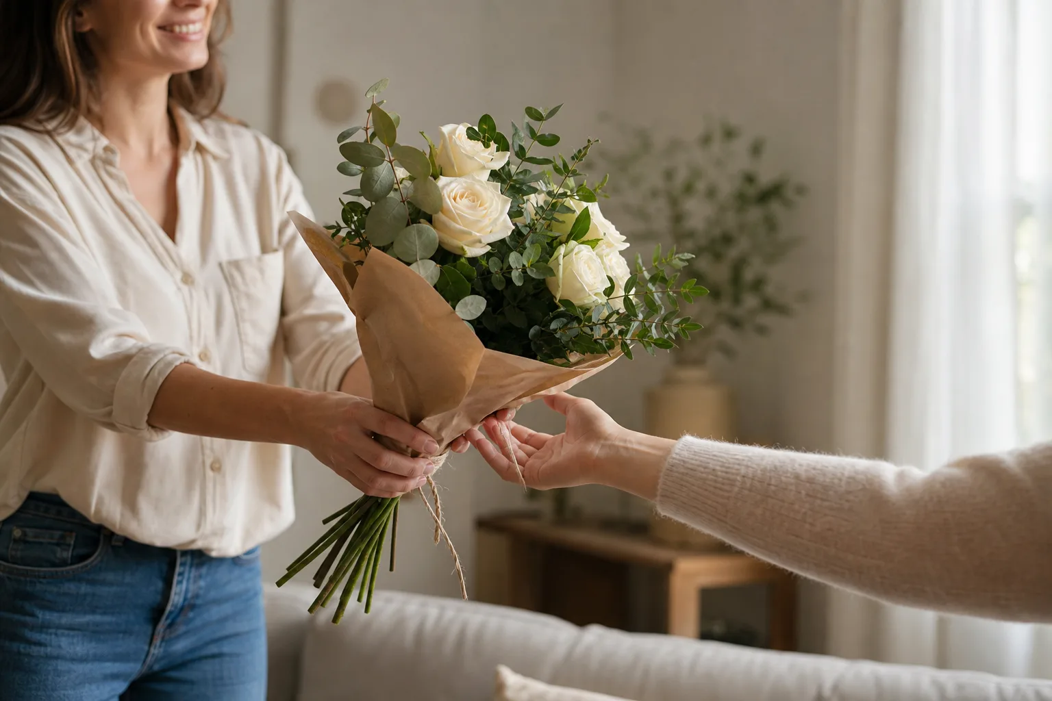 Bukett med säsongsblommor i papper, uppställd inför leverans
