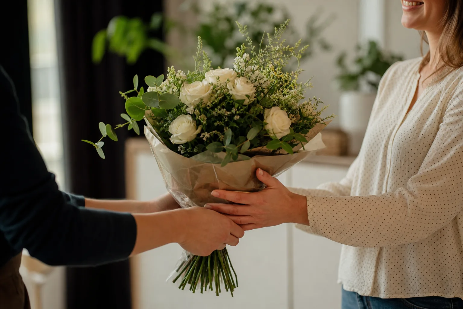 Snittblommor i pappersinslagning, fotograferade inför leverans med blombud