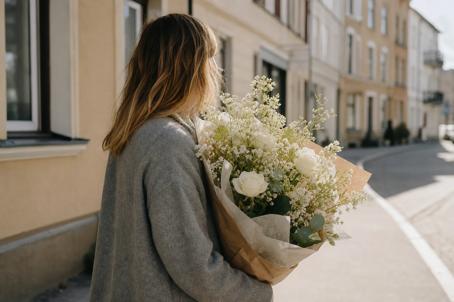 Bukett med säsongens snittblommor, fotograferad i naturligt ljus mot en neutral bakgrund