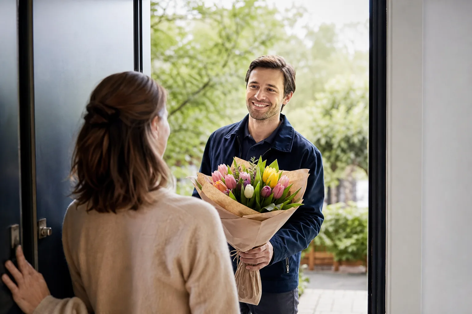 Bukett med ljusa snittblommor inslagen i papper