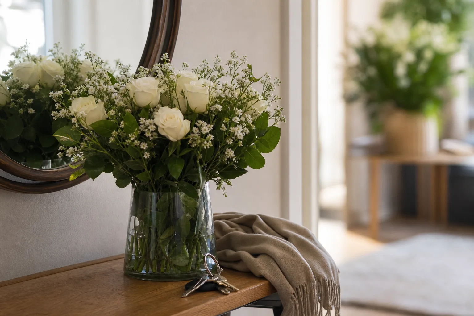 Bukett med snittblommor, fotograferad i naturligt ljus utan synlig avsändare eller mottagare.