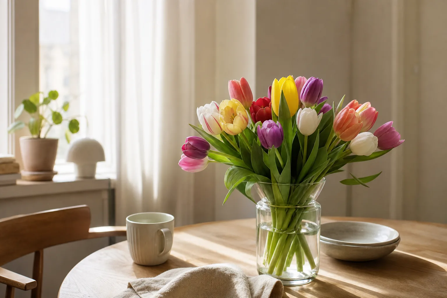 Ljus bukett med snittblommor i tunt papper, redo att skickas vidare med bud.