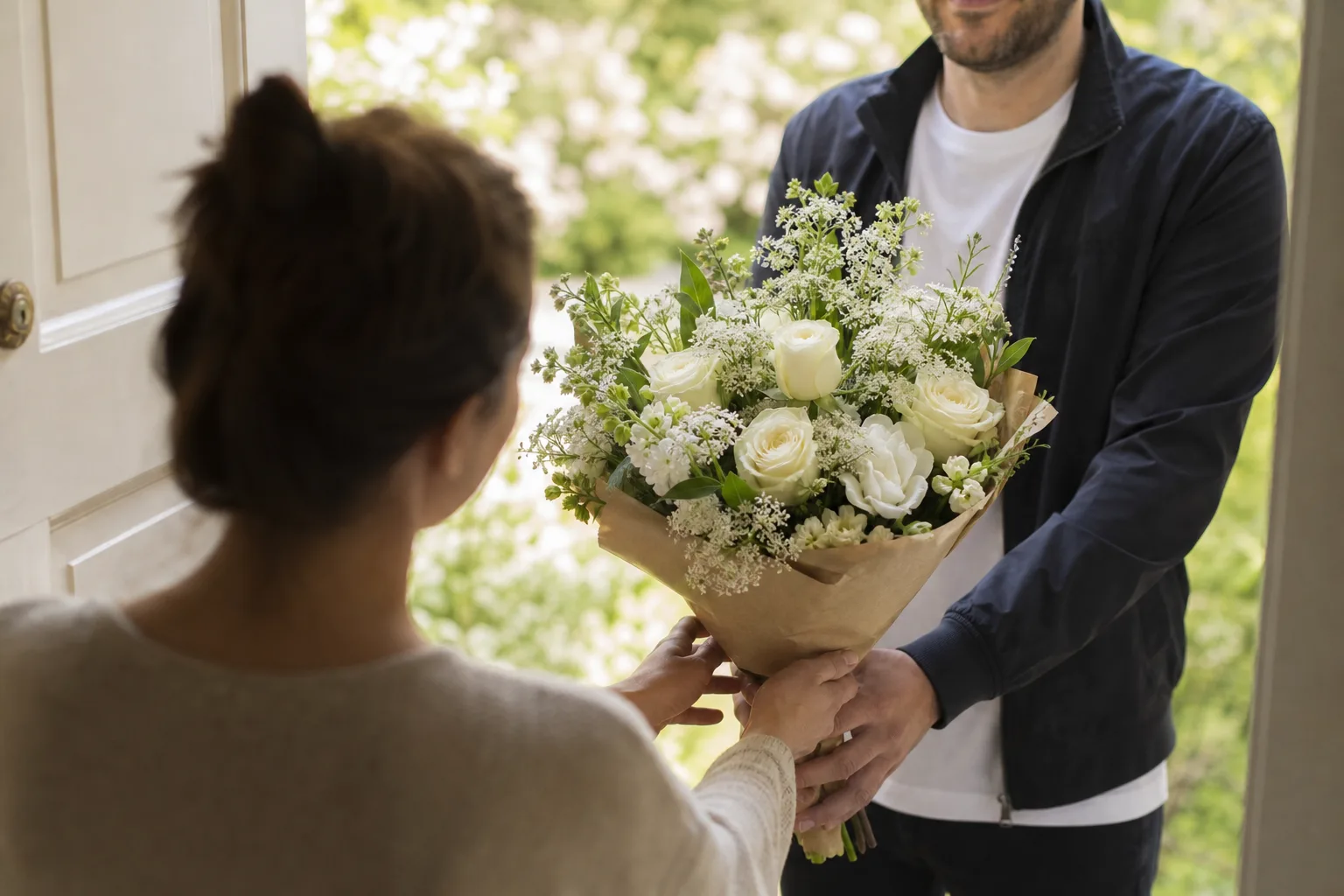 Färgstark bukett med snittblommor inslagen i papper, placerad på ett bord inför leverans