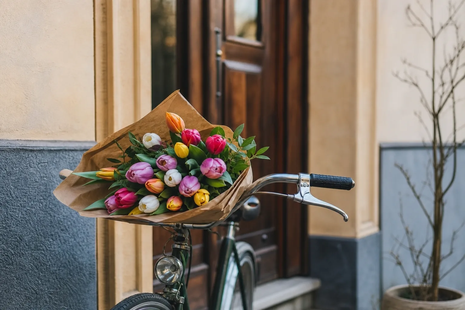 Färgglad bukett med blandade snittblommor, uppbunden och redo att skickas
