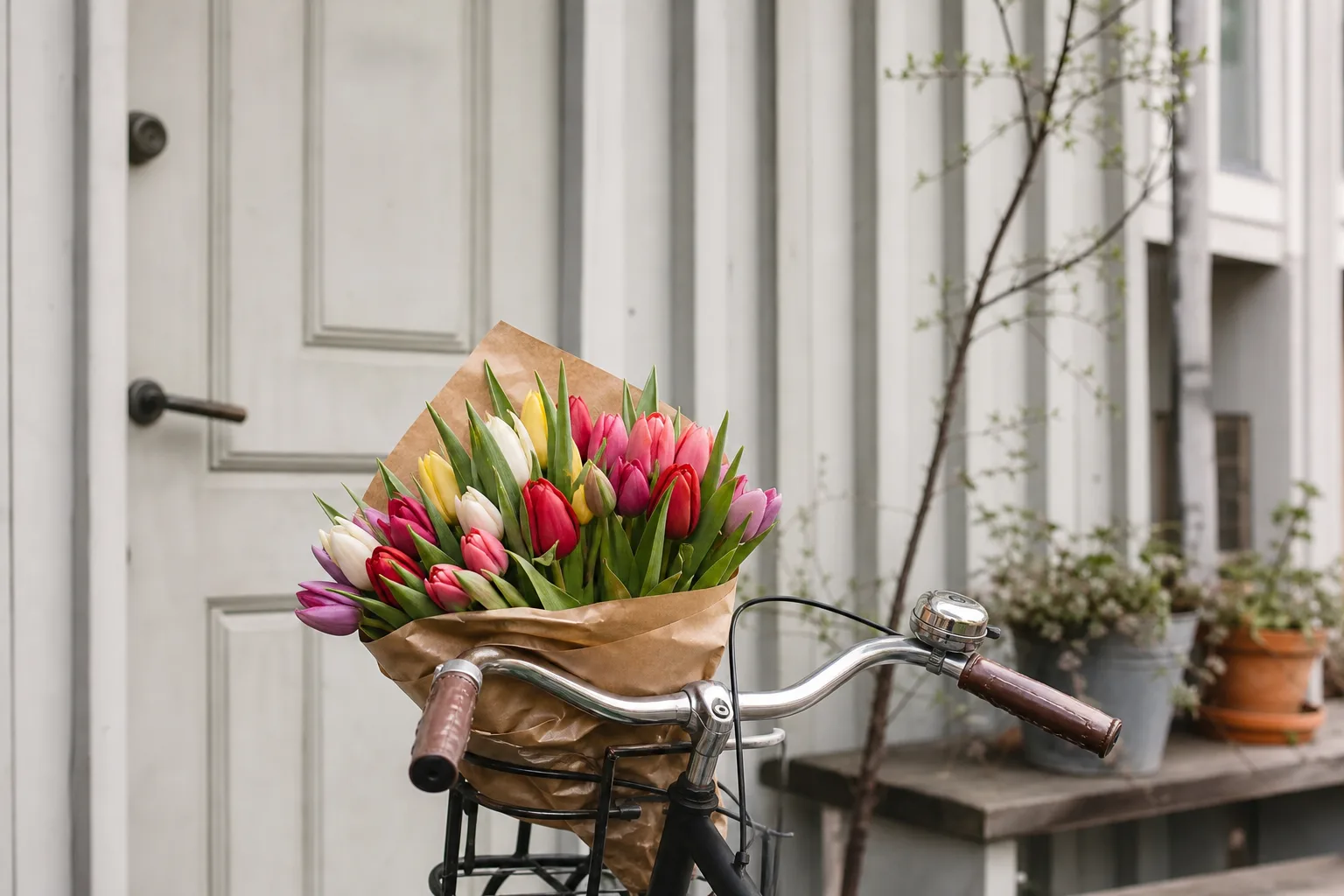 Bukett med säsongens snittblommor, nybunden och redo för leverans