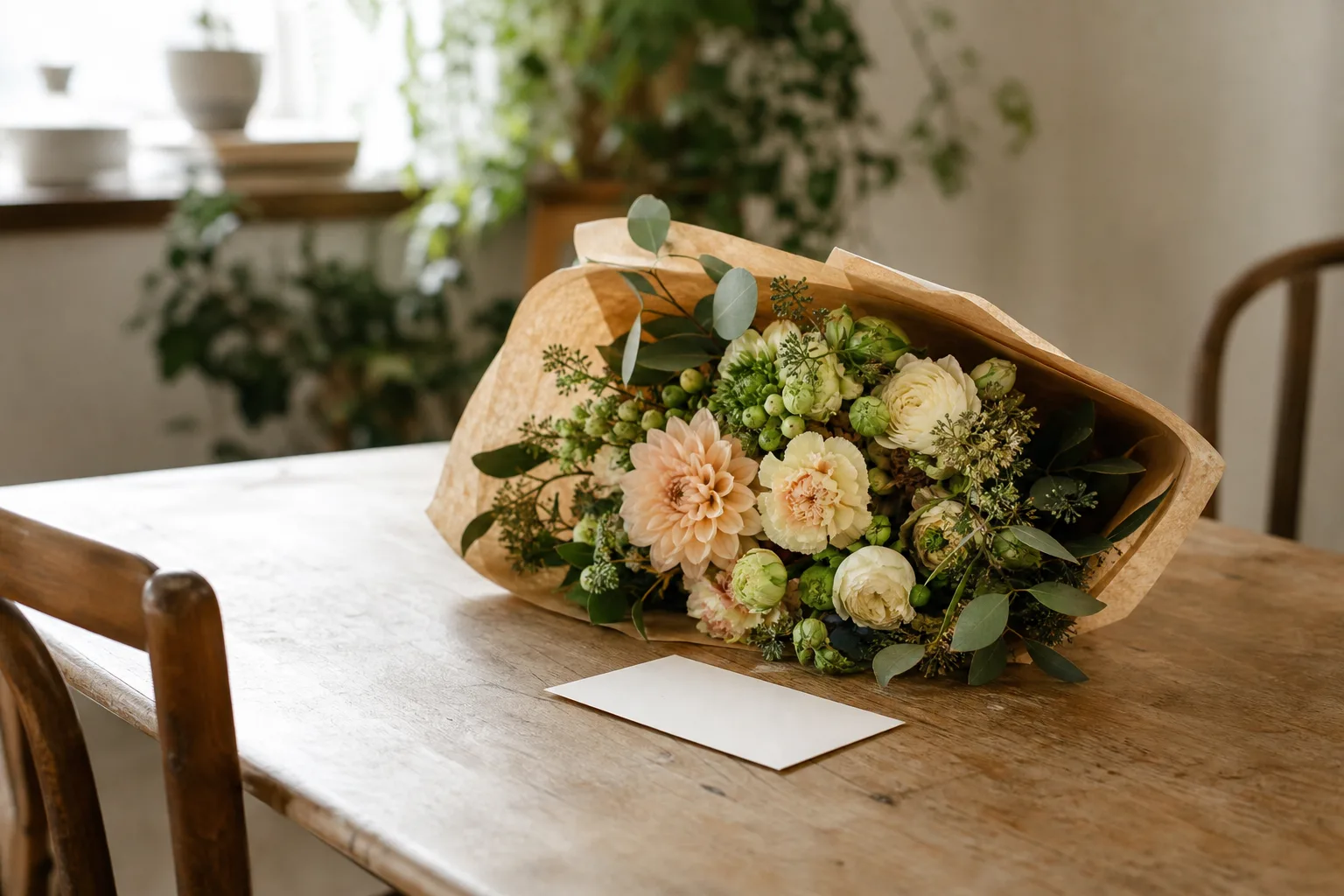 Bukett med blandade snittblommor, bunden av florist