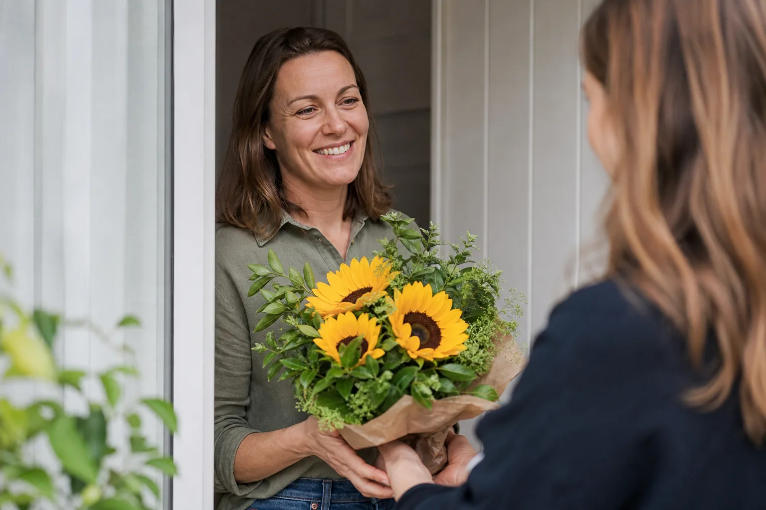 Bukett med blandade snittblommor på ett bord, redo att packas för leverans