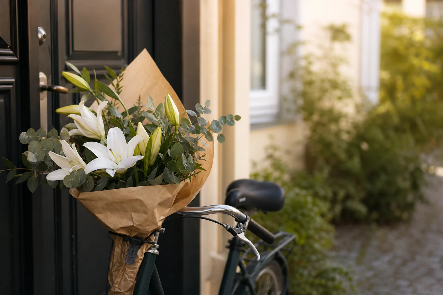 Vit och grön begravningsbukett med snittblommor på ett bord