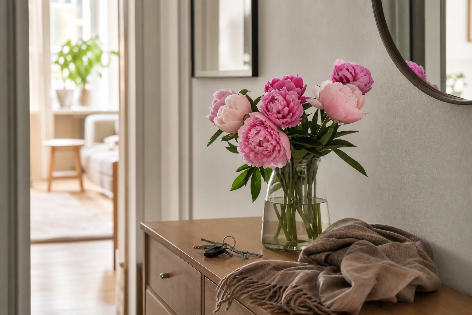 Bukett med blandade snittblommor, inslagen i papper, fotograferad mot ljus bakgrund.