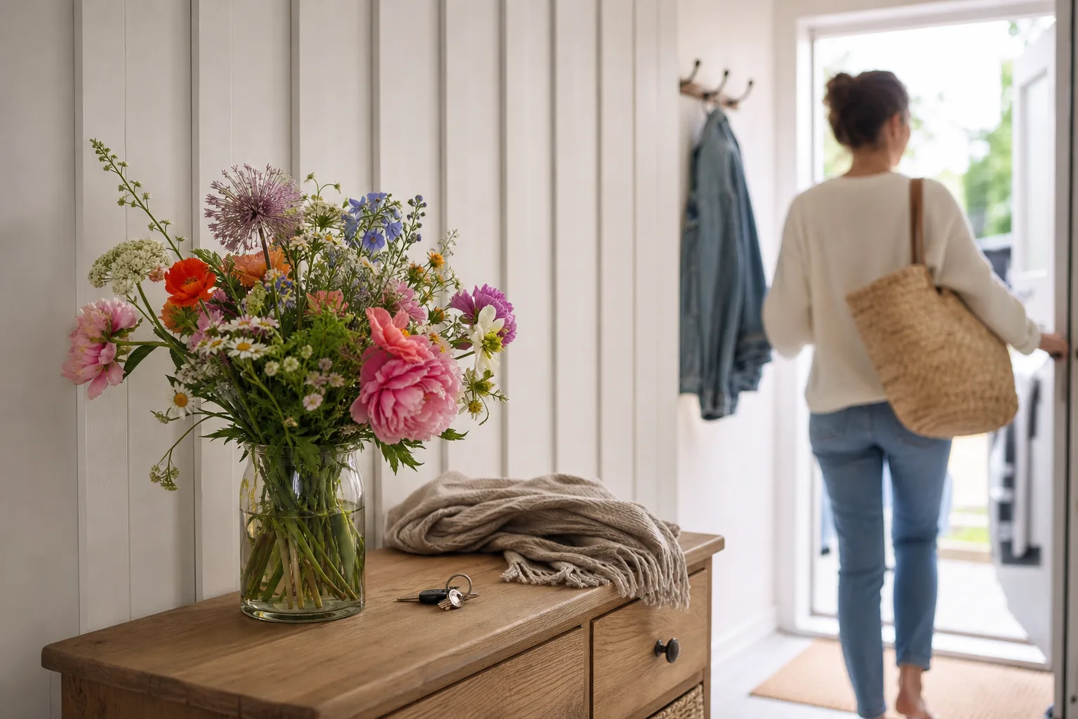 Färgstark bukett med blandade blommor i en enkel vas.