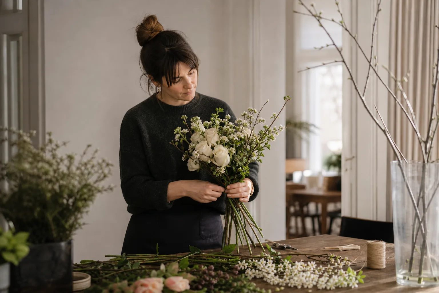 Bukett med snittblommor i ljusa toner mot en neutral bakgrund