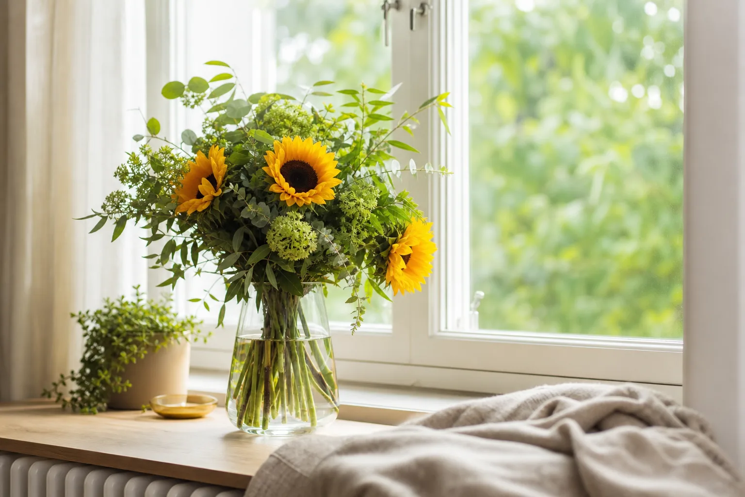 Bukett med säsongens snittblommor, bunden i papper mot en ljus bakgrund