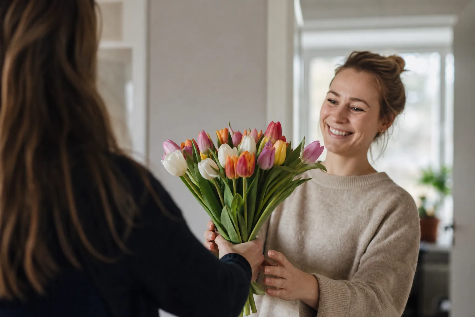Bukett med blandade snittblommor uppställd i en vas inomhus.