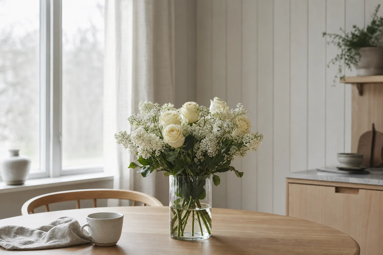 Bukett med blandade snittblommor av den typ blombuden binder och levererar