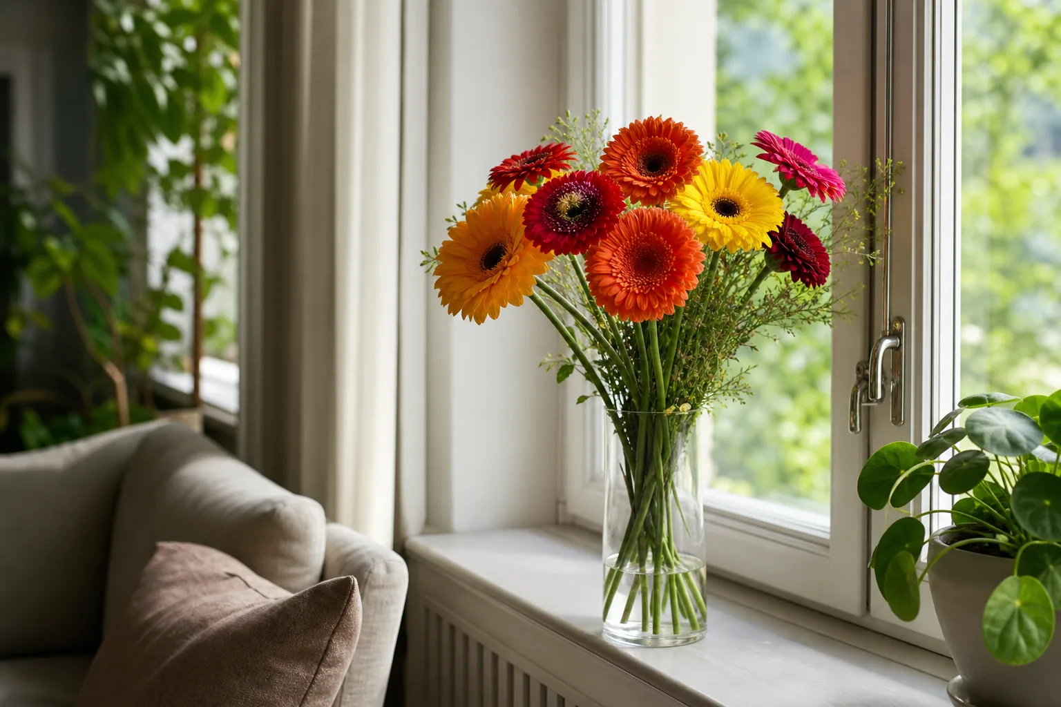 Bukett med säsongsblommor bunden och klar för leverans.