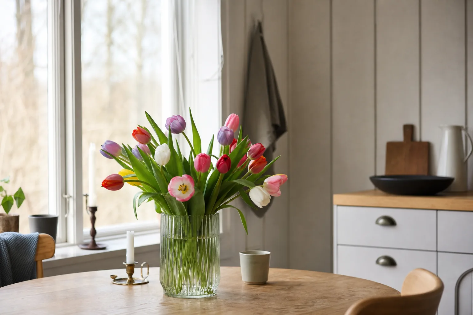 Bunt nyplockade blommor i olika färger, förberedd för uppbindning till en bukett.