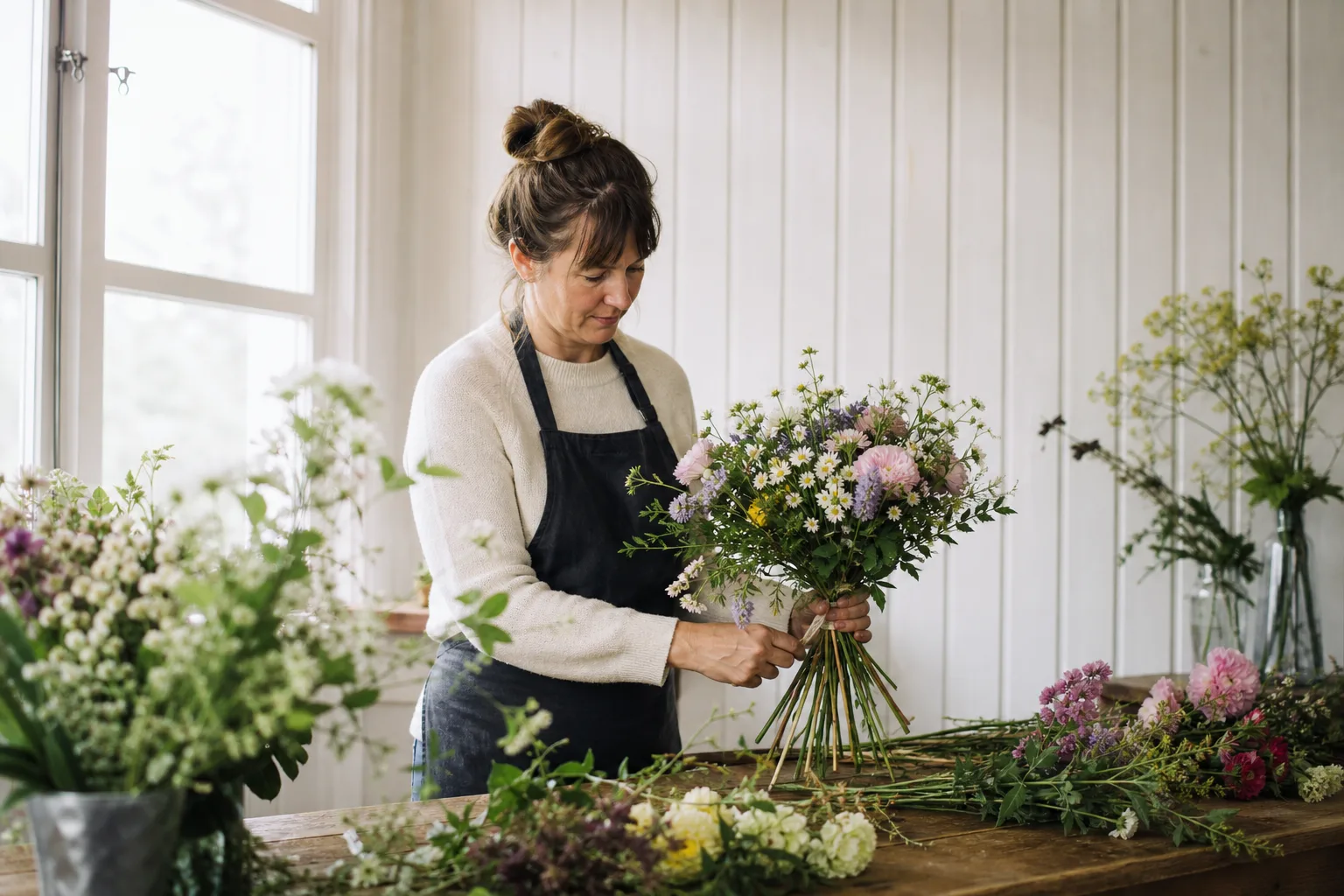 Bukett med vita och rosa snittblommor i genomskinlig vas
