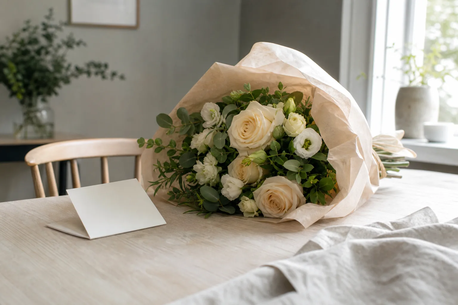 Färgstark bukett med snittblommor, förpackad och redo för avhämtning eller bud.