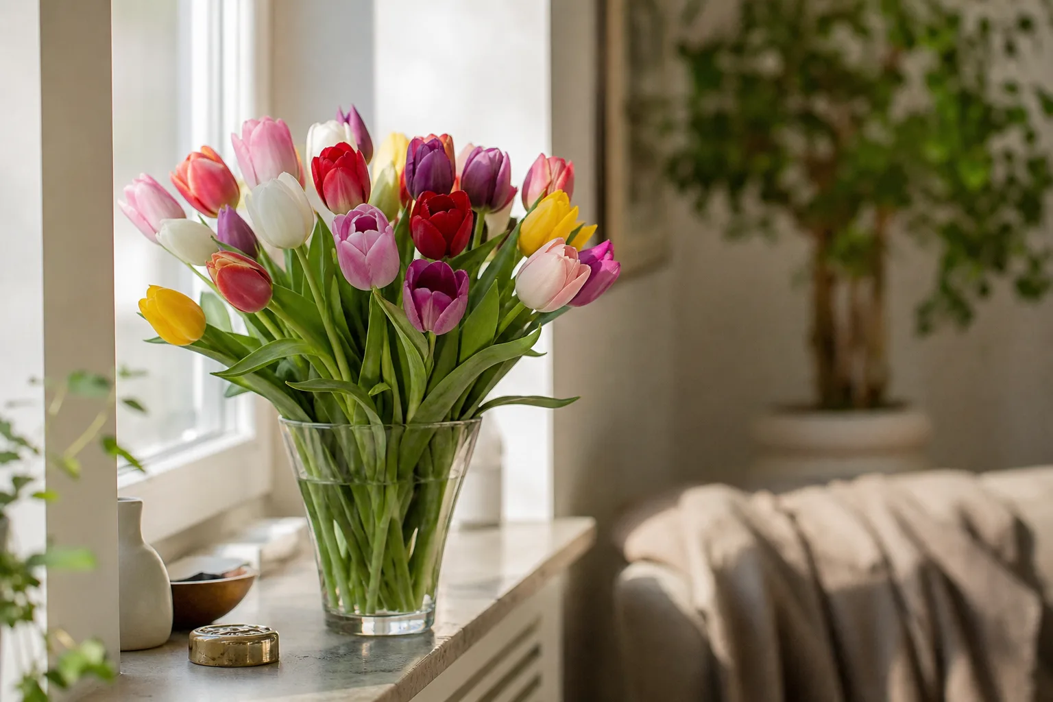 Bukett med blandade blommor i vas, fotograferad inomhus inför leverans.