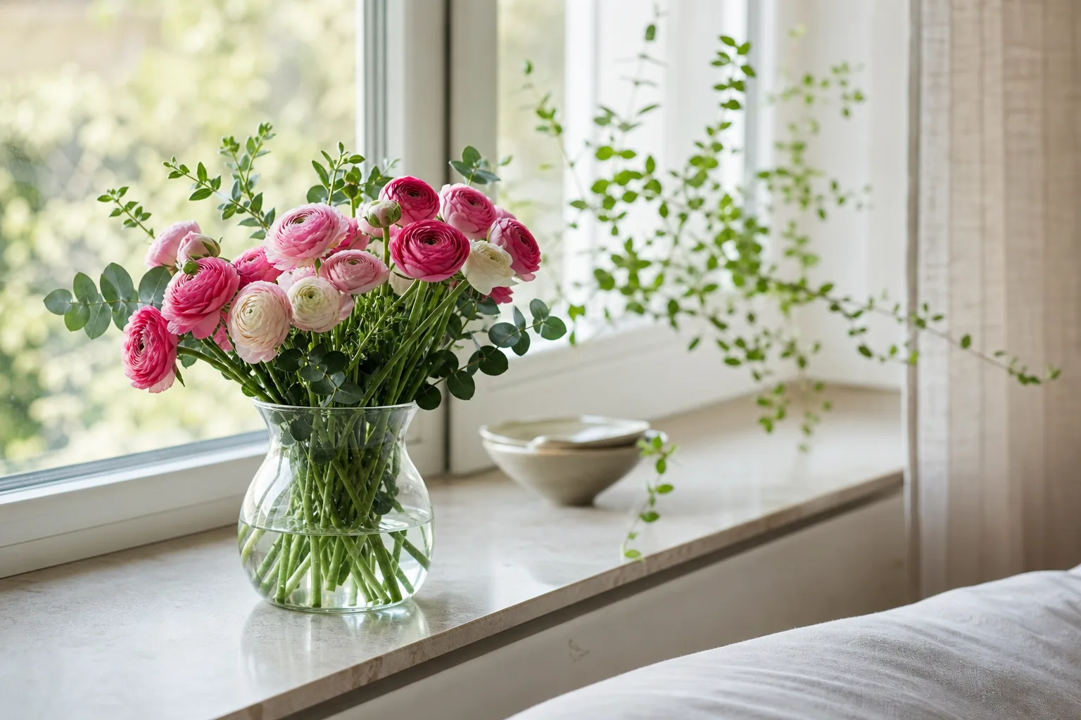 Bukett med blandade snittblommor på ett bord, förpackad inför avhämtning