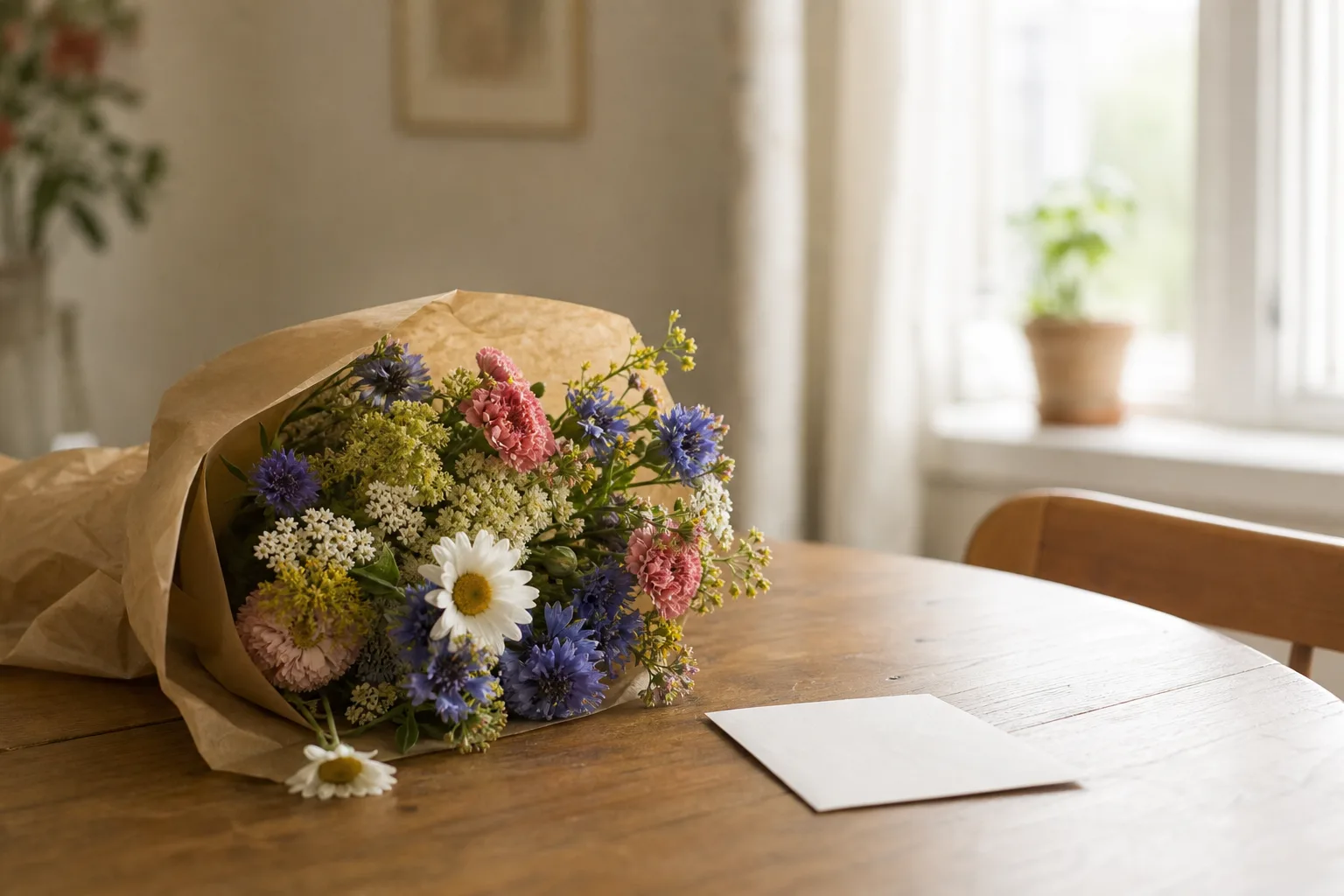 Bukett med säsongsblommor i klara färger, uppställd mot en ljus bakgrund.