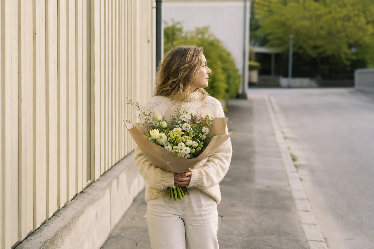 Färgstark bukett med säsongsblommor, bunden och klar att lämnas över av ett bud.