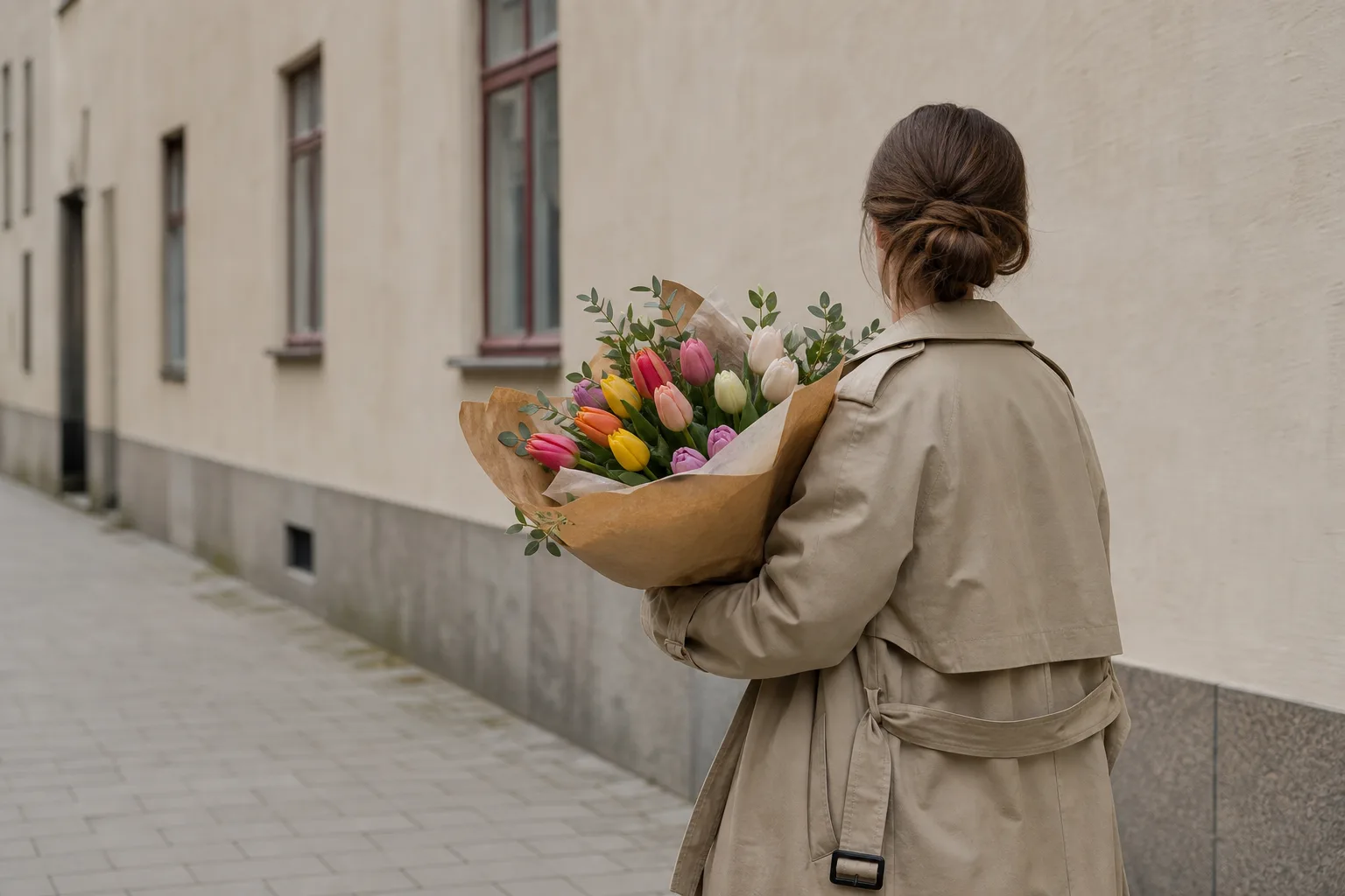 Bukett med blandade snittblommor inslagen i papper, förberedd för budleverans.