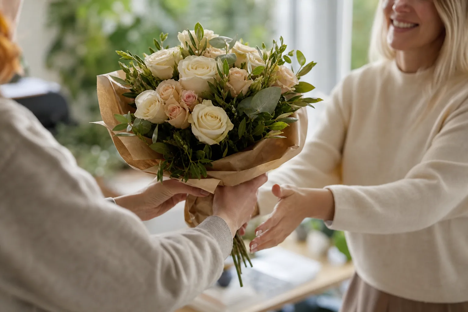 Bukett med säsongsblommor inslagen i papper